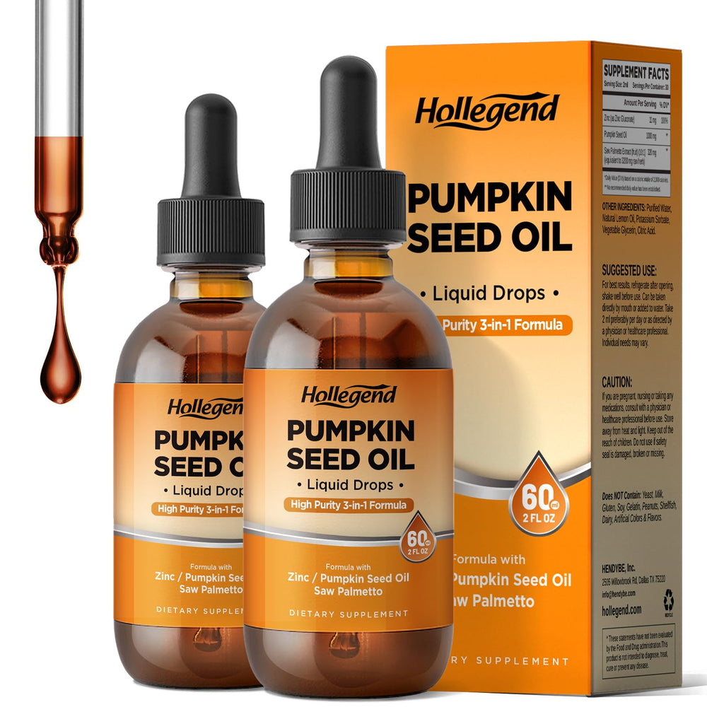 HOLLEGEND Pumpkin Seed Oil bottle highlighting hair and skin support