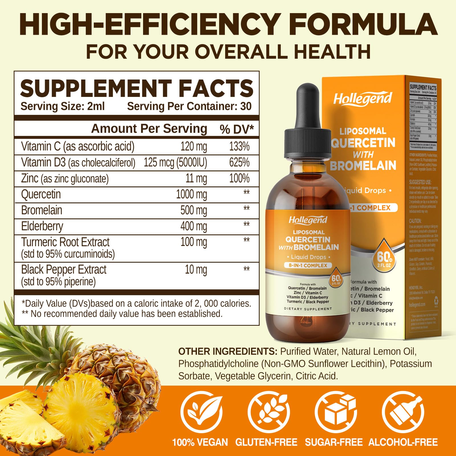 HOLLEGEND quercetin bromelain drops with pineapple flavor for daily wellness.