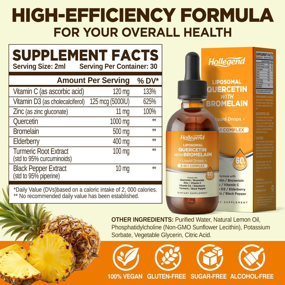 HOLLEGEND quercetin bromelain drops with pineapple flavor for daily wellness.