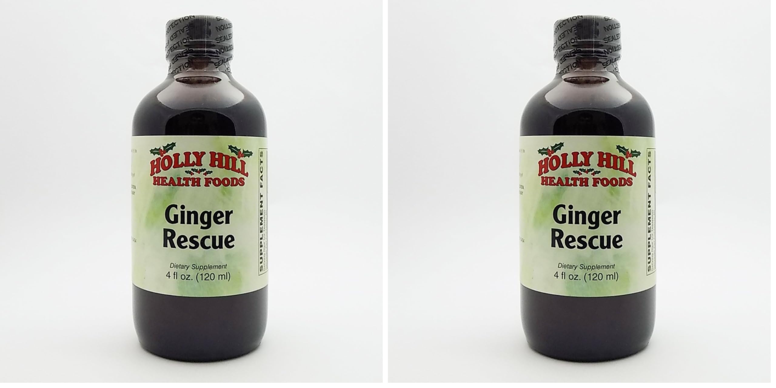 Holly Hill Ginger Rescue Syrup bottle on kitchen counter, ideal for ginger-flavored tea