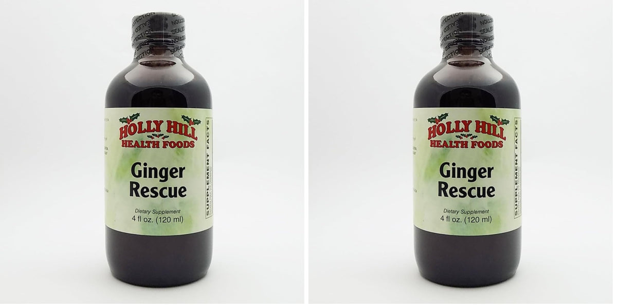 Holly Hill Ginger Rescue Syrup bottle on kitchen counter, ideal for ginger-flavored tea