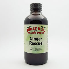 Holly Hill Ginger Rescue Syrup bottle highlights convenient 4 oz packaging for easy daily use.