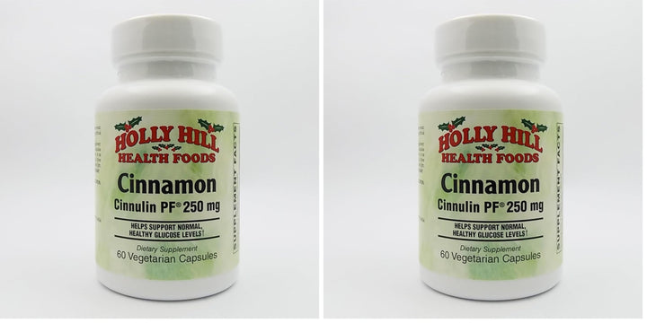 Holly Hill Health Foods Cinnamon Cinnulin PF bottle shows high-potency 250 mg capsules