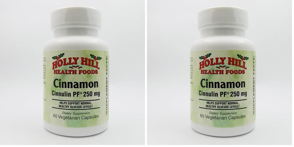 Holly Hill Health Foods Cinnamon Cinnulin PF bottle shows high-potency 250 mg capsules