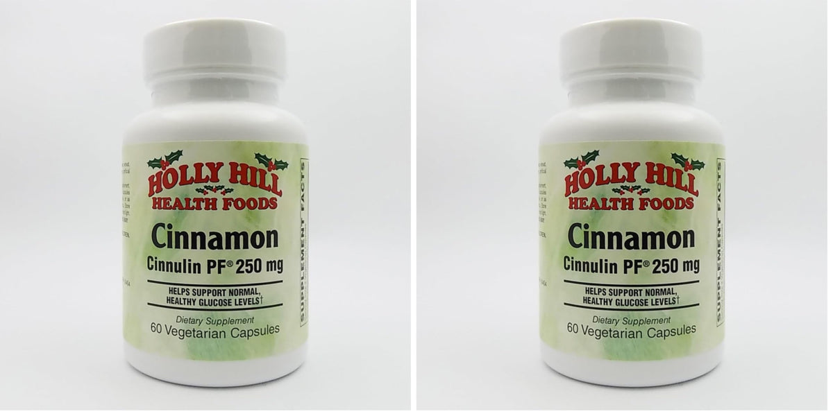 Holly Hill Health Foods Cinnamon Cinnulin PF bottle shows high-potency 250 mg capsules
