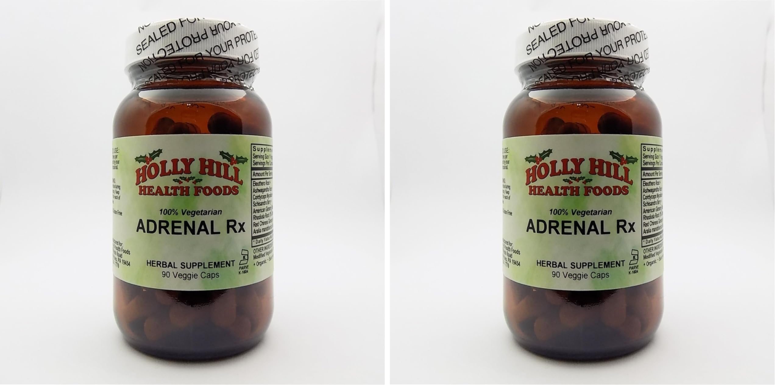 Holly Hill Health Foods Adrenal Rx bottle featuring 90 vegetarian capsules for daily wellness.