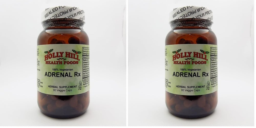 Holly Hill Health Foods Adrenal Rx bottle featuring 90 vegetarian capsules for daily wellness.