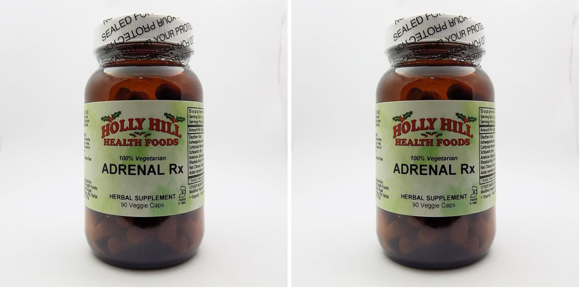 Holly Hill Health Foods Adrenal Rx bottle featuring 90 vegetarian capsules for daily wellness.