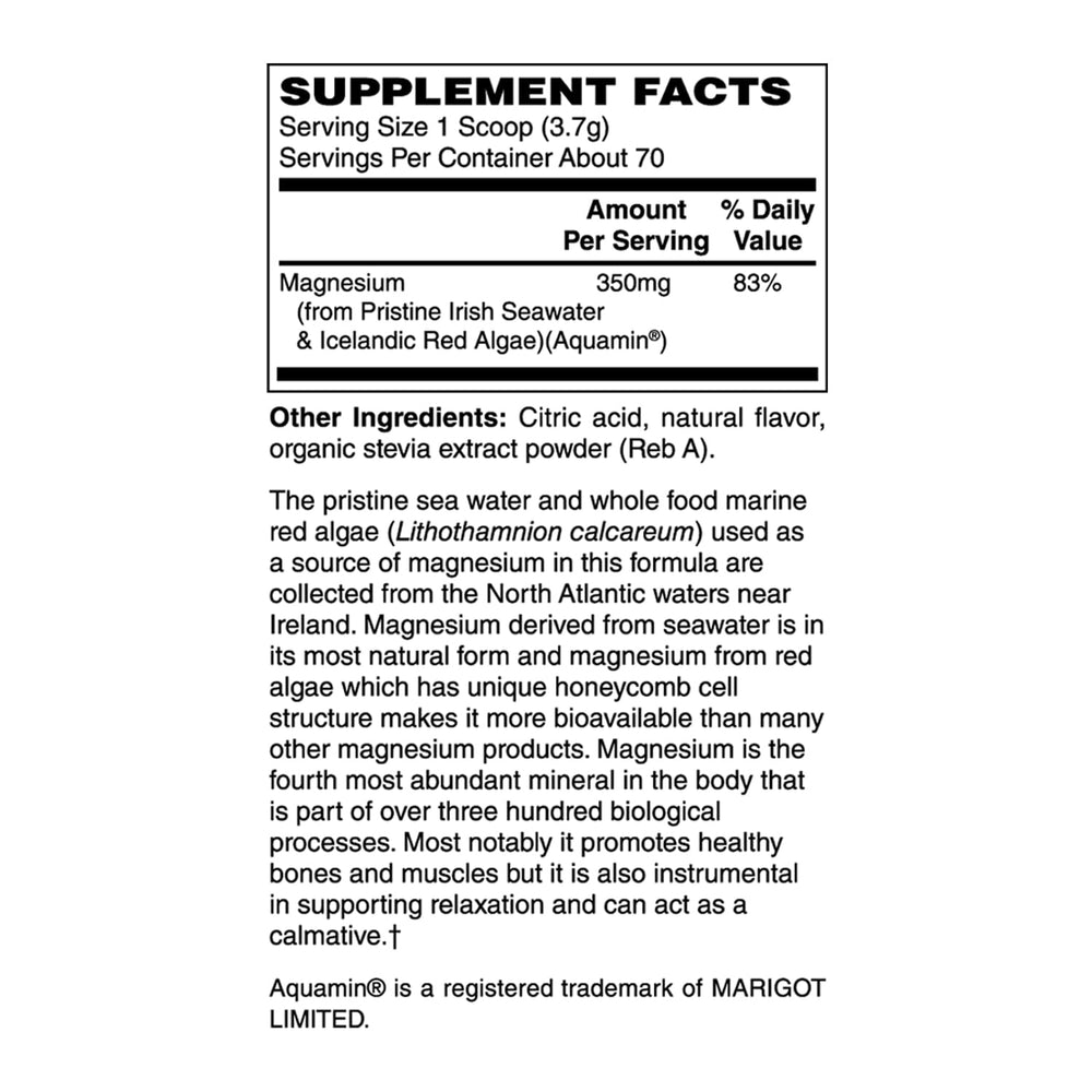Holly Hill Health Foods magnesium powder label close-up highlights non-GMO vegan certification and allergen-free promise