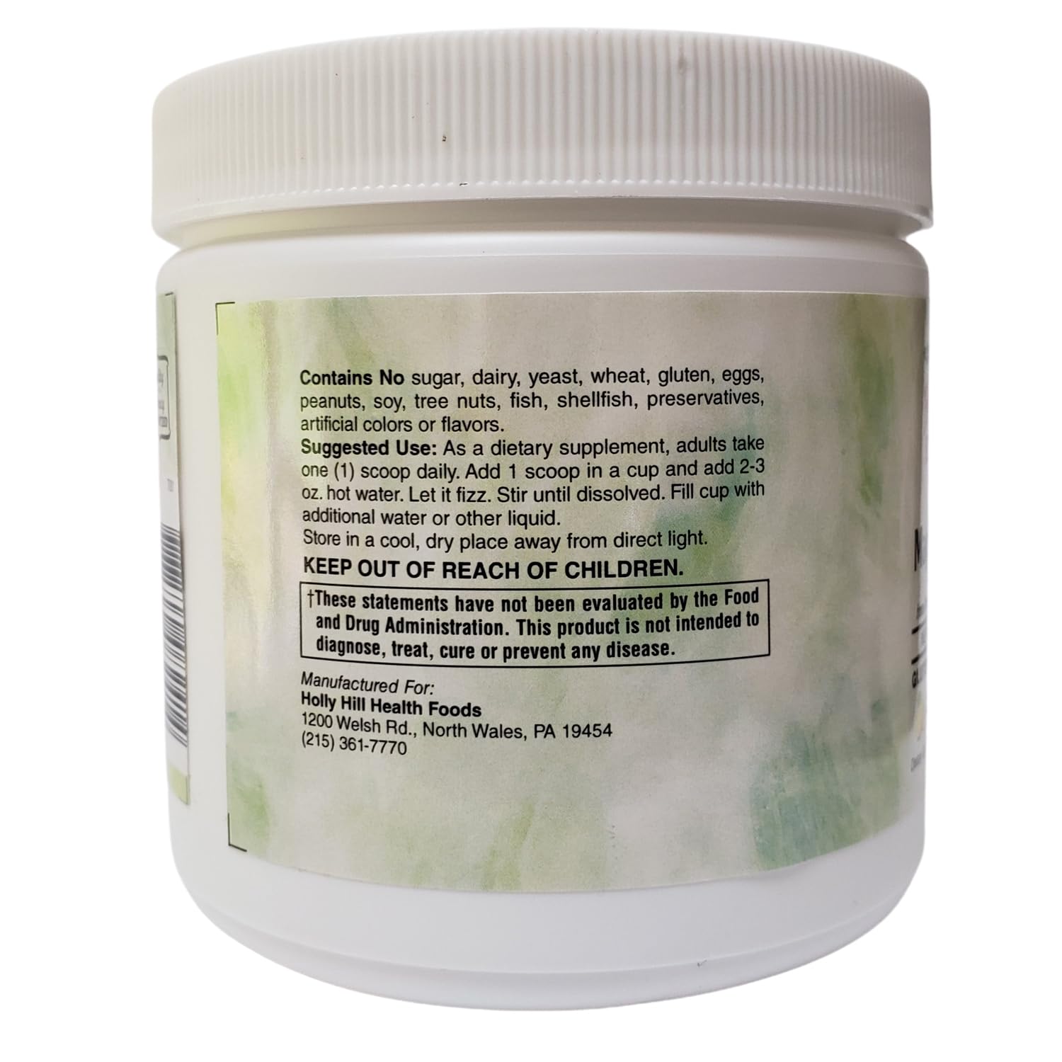 Holly Hill Health Foods magnesium powder measuring scoop beside the jar emphasizes simplicity and clean ingredients