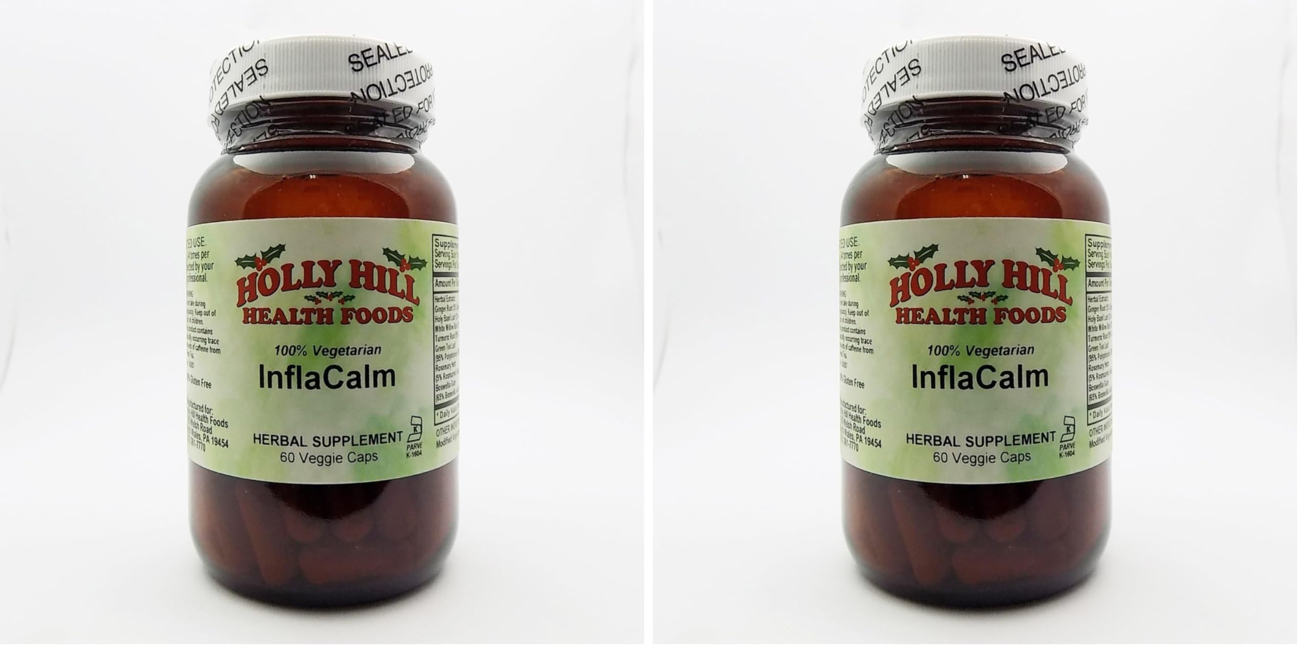 Holly Hill Inflacalm bottle close-up showing alcohol-free, drug-free inflammatory support option