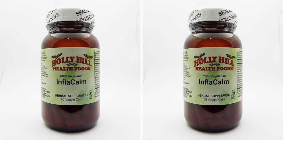 Holly Hill Inflacalm bottle close-up showing alcohol-free, drug-free inflammatory support option