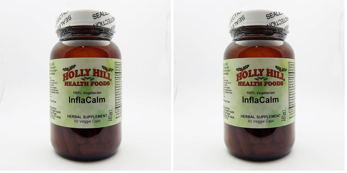 Holly Hill Inflacalm bottle close-up showing alcohol-free, drug-free inflammatory support option
