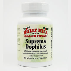 Holly Hill Health Foods Suprema Dophilus bottle front with vegetarian capsules for digestive balance.