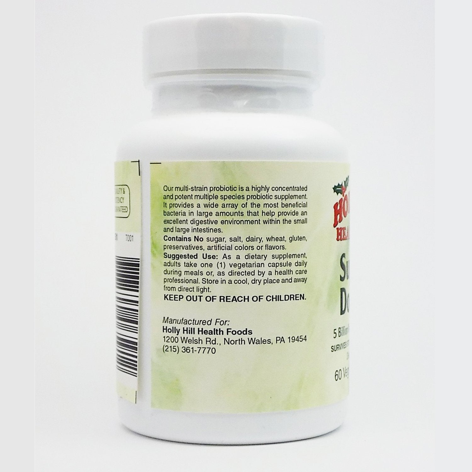 Holly Hill Health Foods Suprema Dophilus ingredients panel emphasizes prebiotic fortification.
