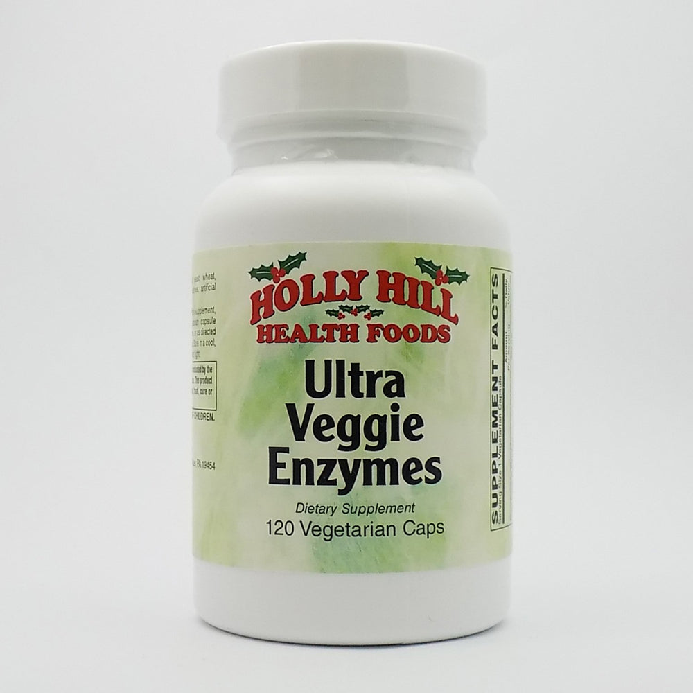 Holly Hill Ultra Veggie Enzymes bottle with capsules supporting digestion.