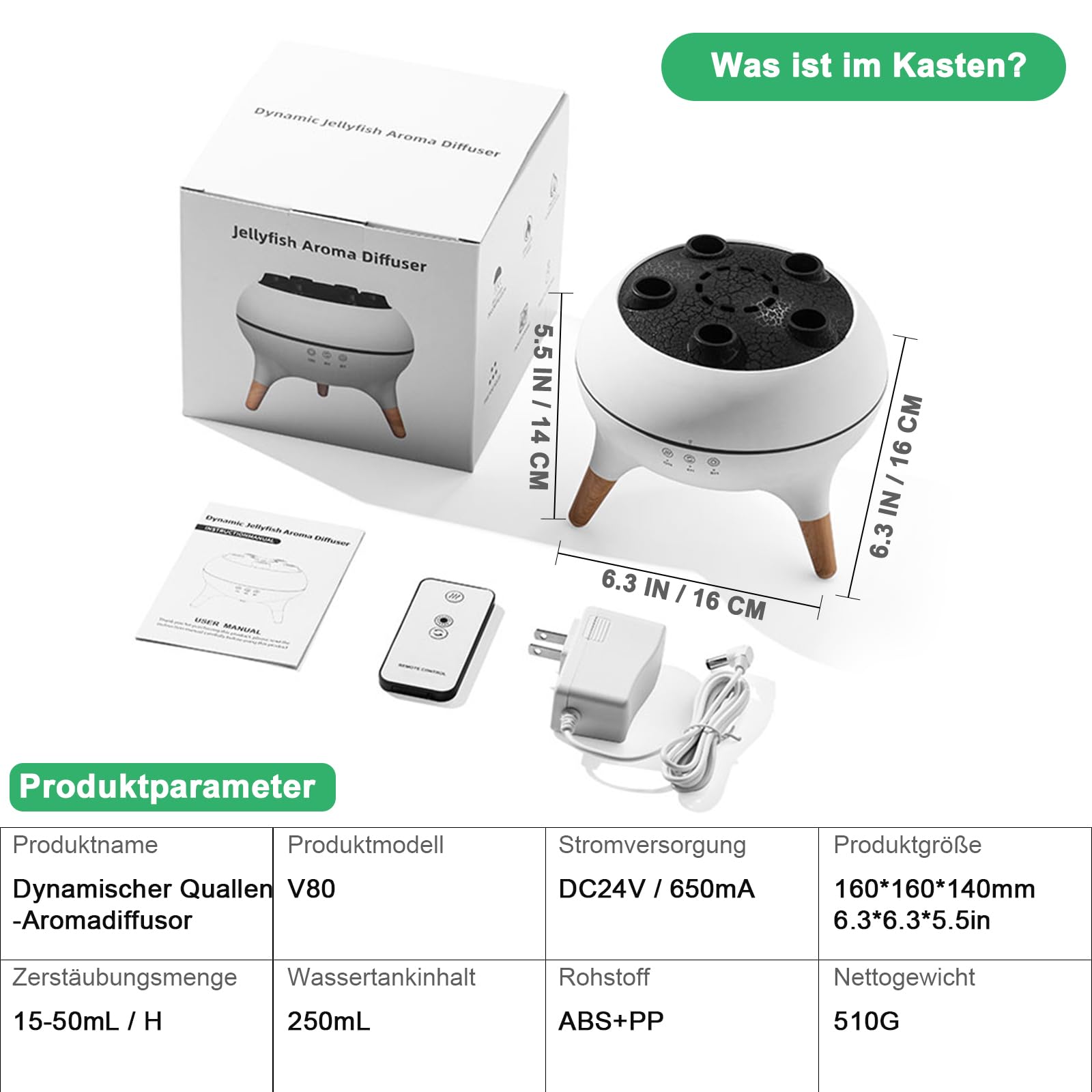 Holwim Diffuser packaging box includes remote, adapter, and manual.