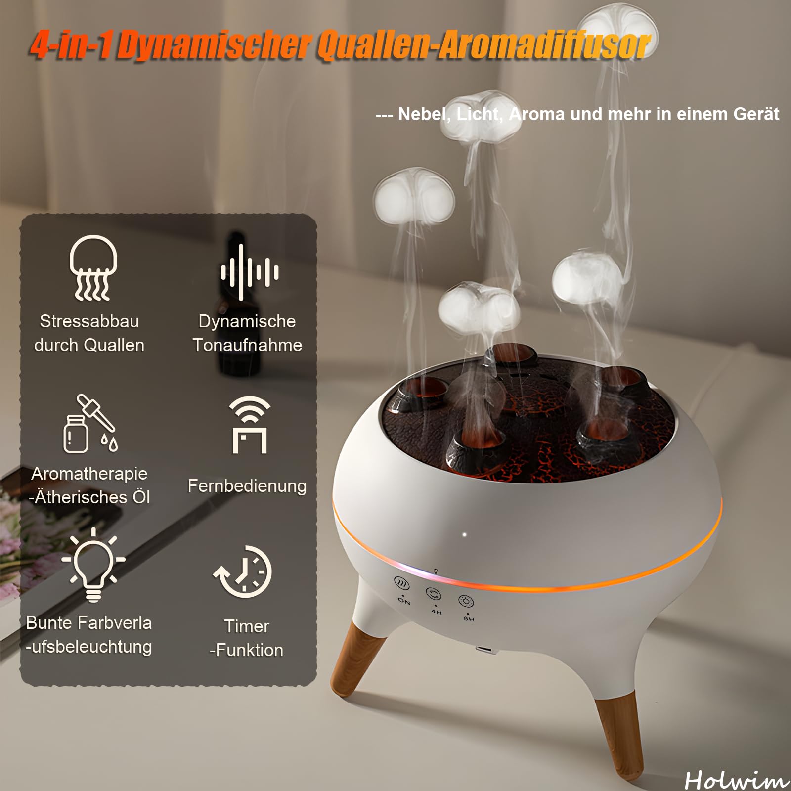 Holwim Jellyfish Diffuser mist-dance under ambient light.