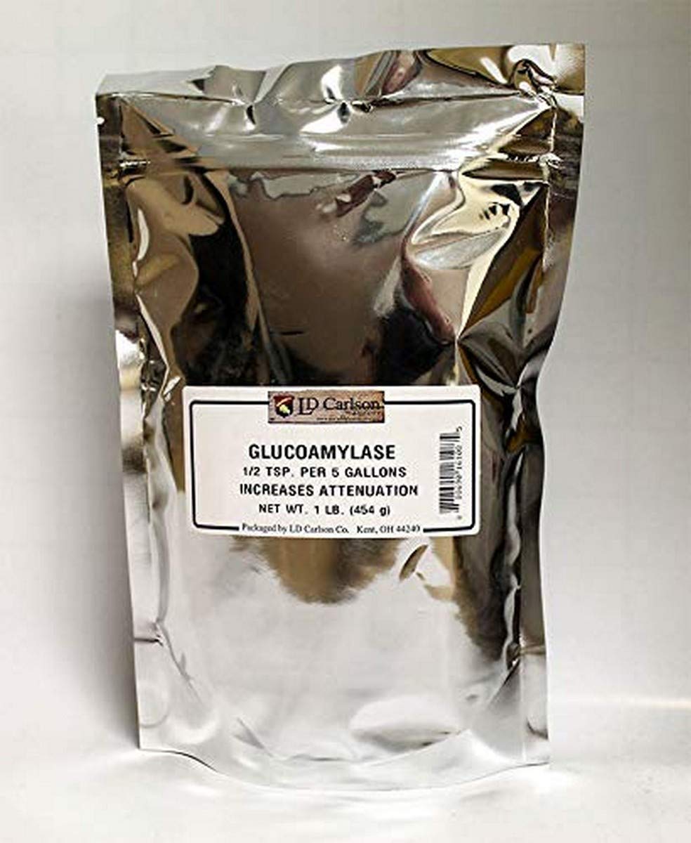 Home Brewing Supplies glucoamylase enzyme powder in a 1 lb bag for saccharification after mashing.