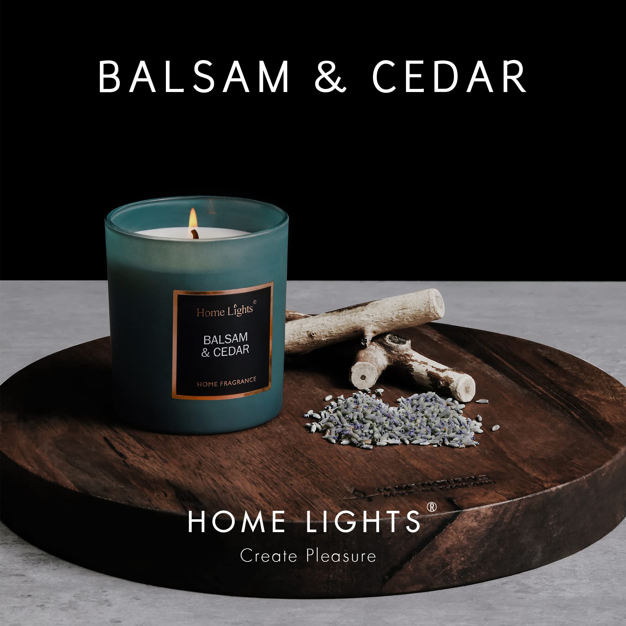 Home Lights balsam-cedar candle with rosegold lid enhances elegant gift-ready decor.