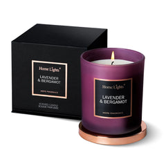 Home Lights Lavender & Bergamot scented candle in a jar for relaxing spaces.