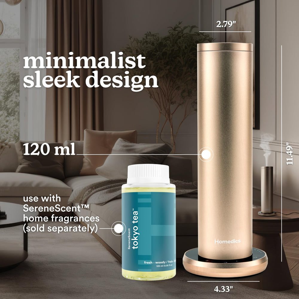 Homedics SereneScent aluminum body highlights premium design for modern spaces.
