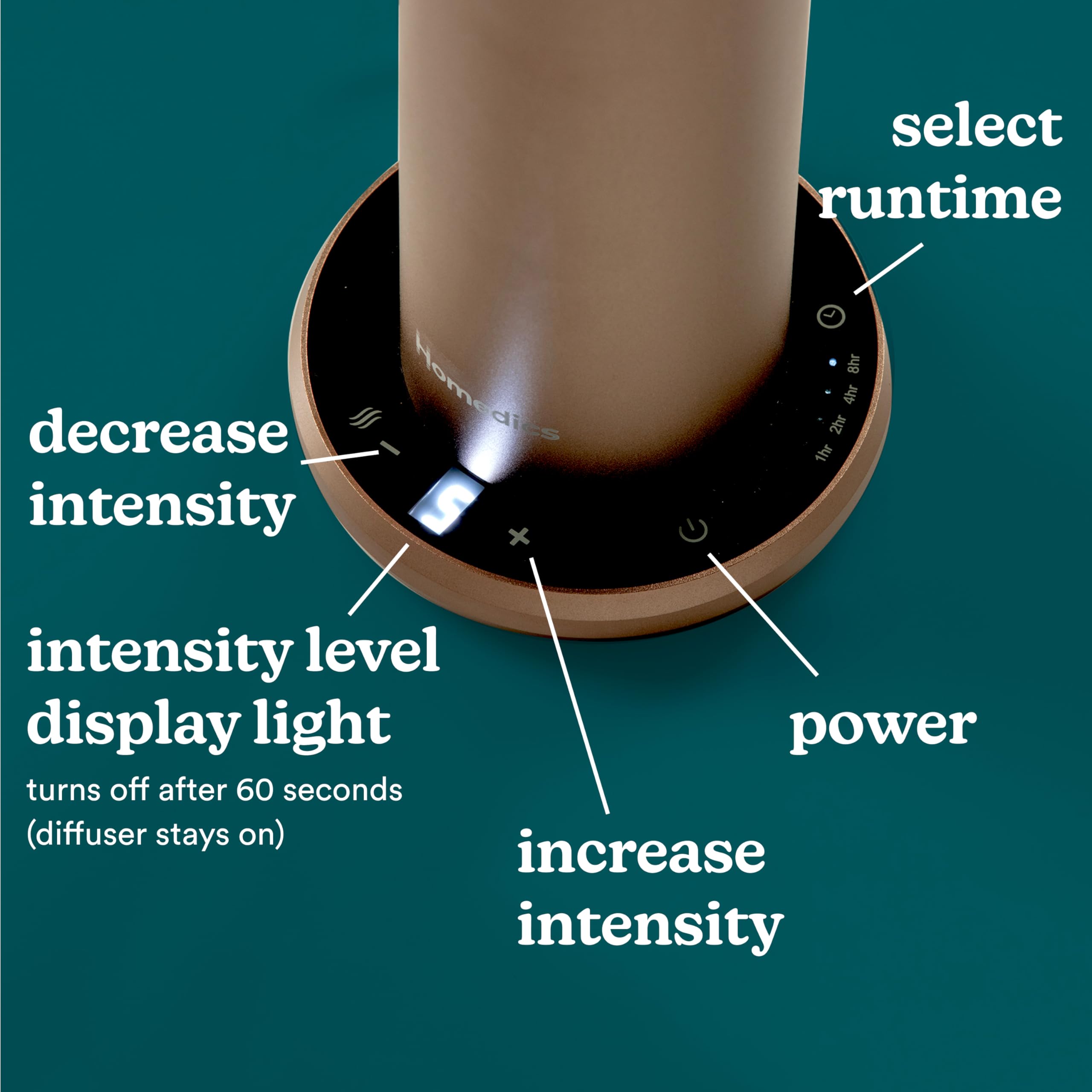 Homedics SereneScent remote control enables easy scent intensity and timer adjustments.