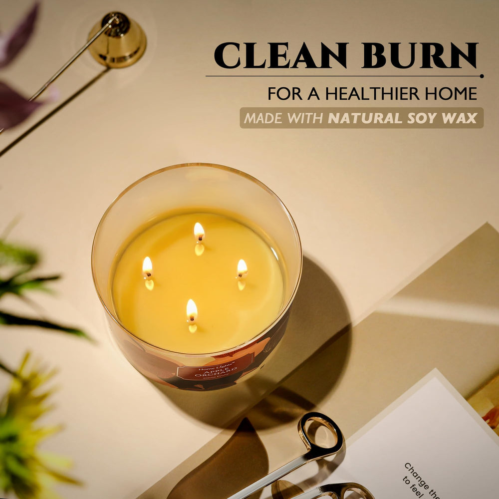 Home Lights candle on tabletop in living room creating cozy, stylish ambience
