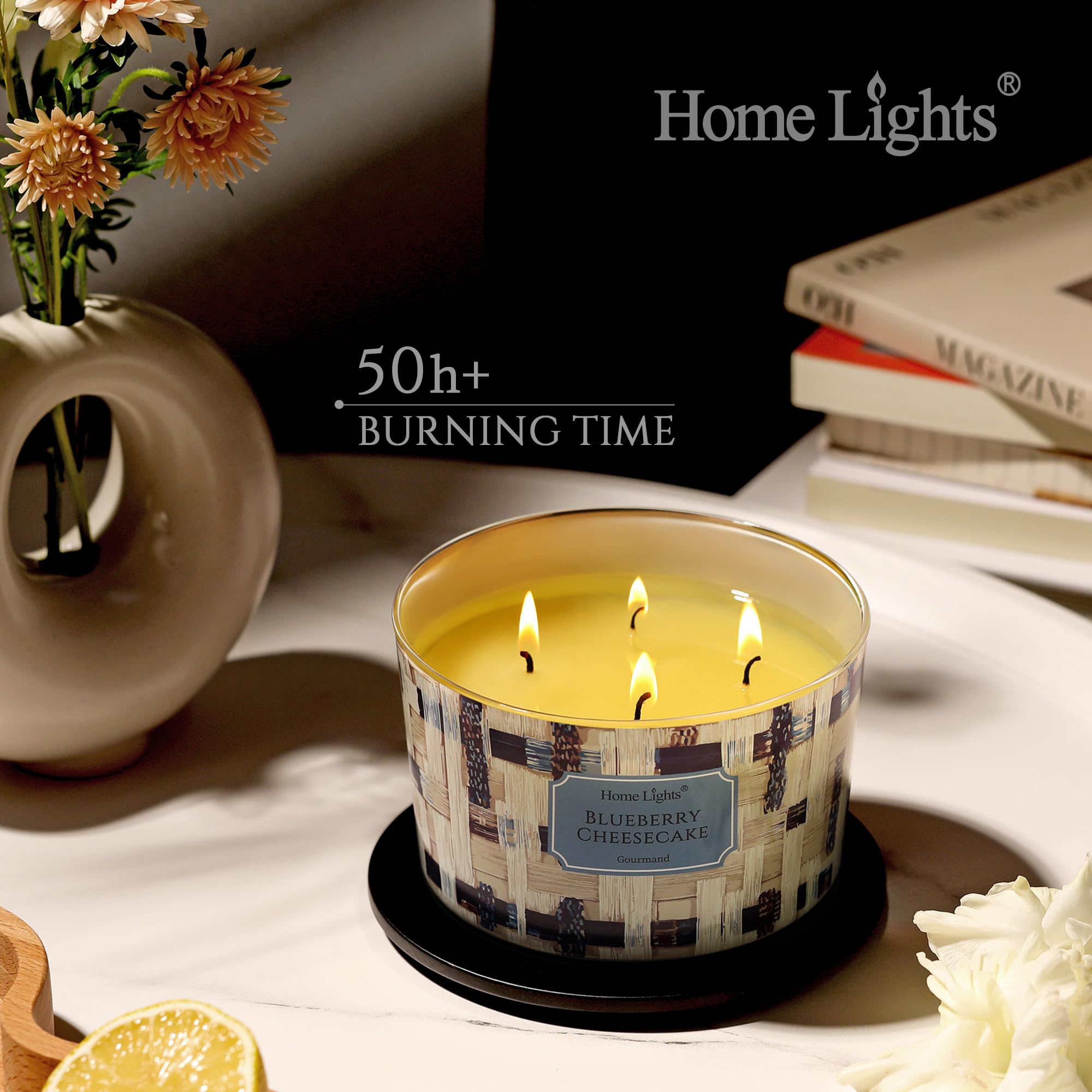 Home Lights Blueberry Cheesecake candle ideal for bedtime relaxation.
