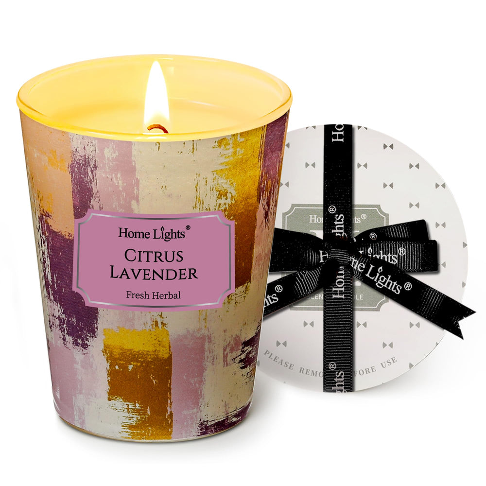 Home Lights Citrus Lavender candle jar front view provides a warm, long-lasting aroma for living spaces.