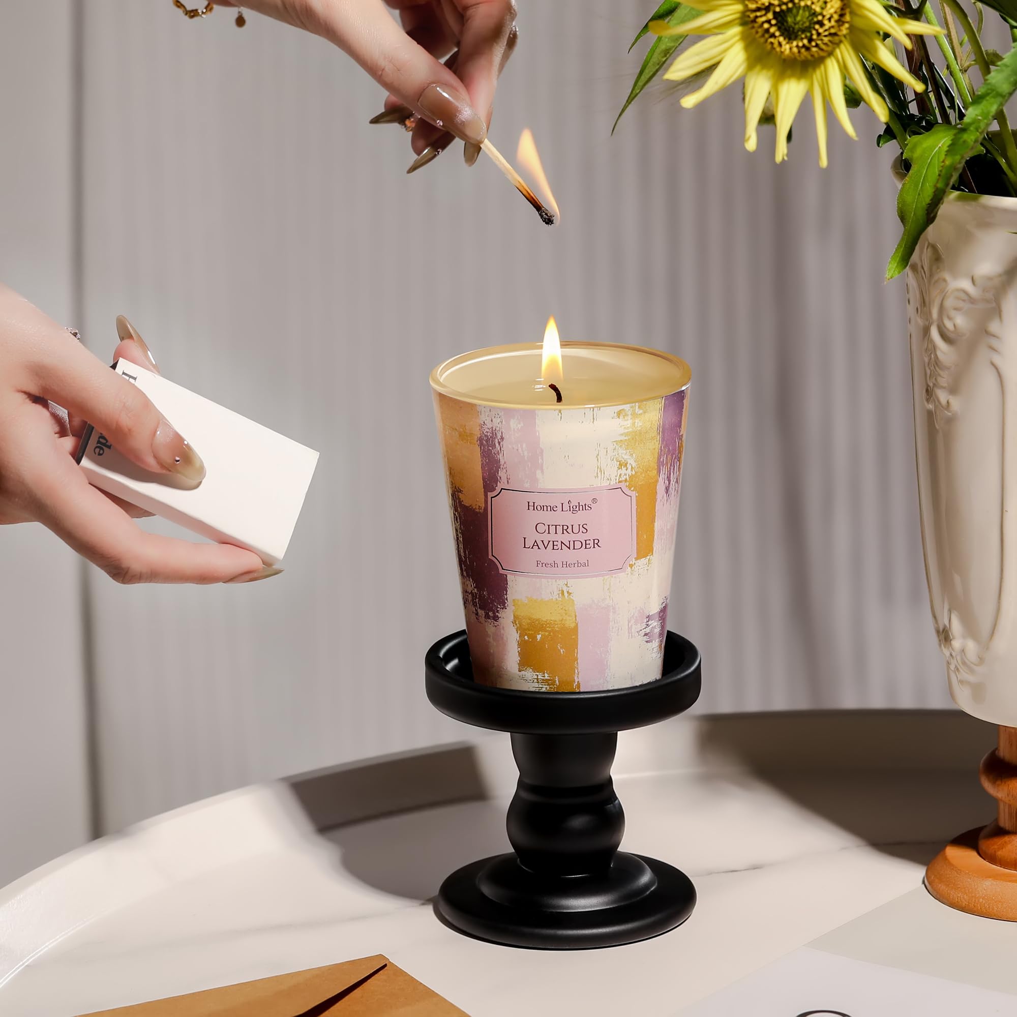Home Lights Citrus Lavender candle lifestyle shot suggests gift-ready decor.