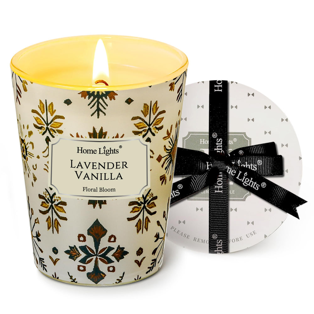 Home Lights lavender-vanilla candle jar enhances calm spaces with soothing fragrance.