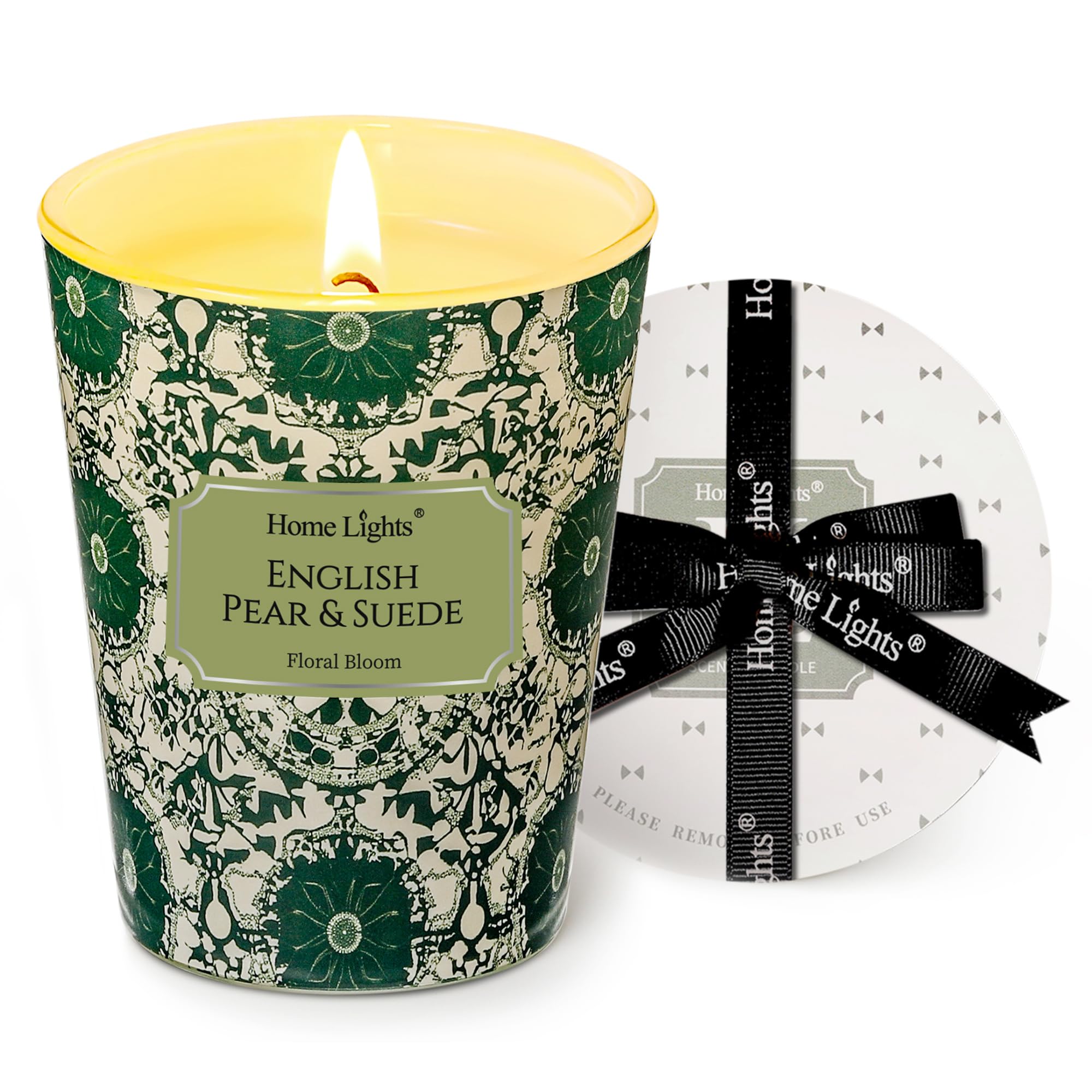Home Lights pear-suede candle jar enhances decor with a clean, long-lasting scent throw.