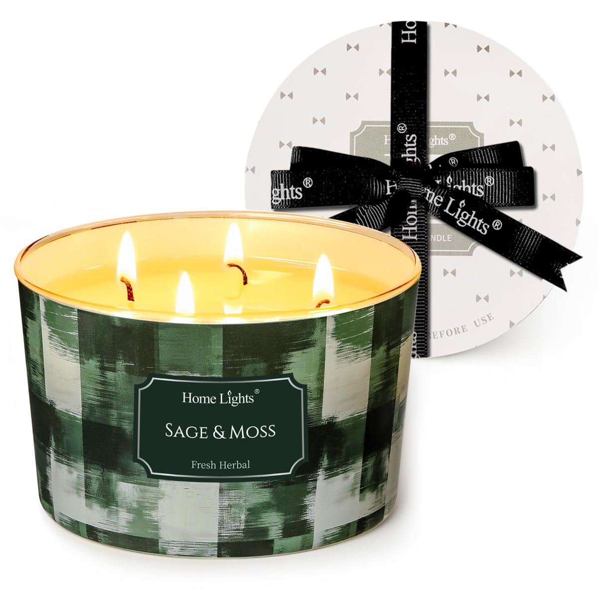 Home Lights Sage Moss 4-Wick Candle Jar enhances living room ambiance with inviting herbal notes.