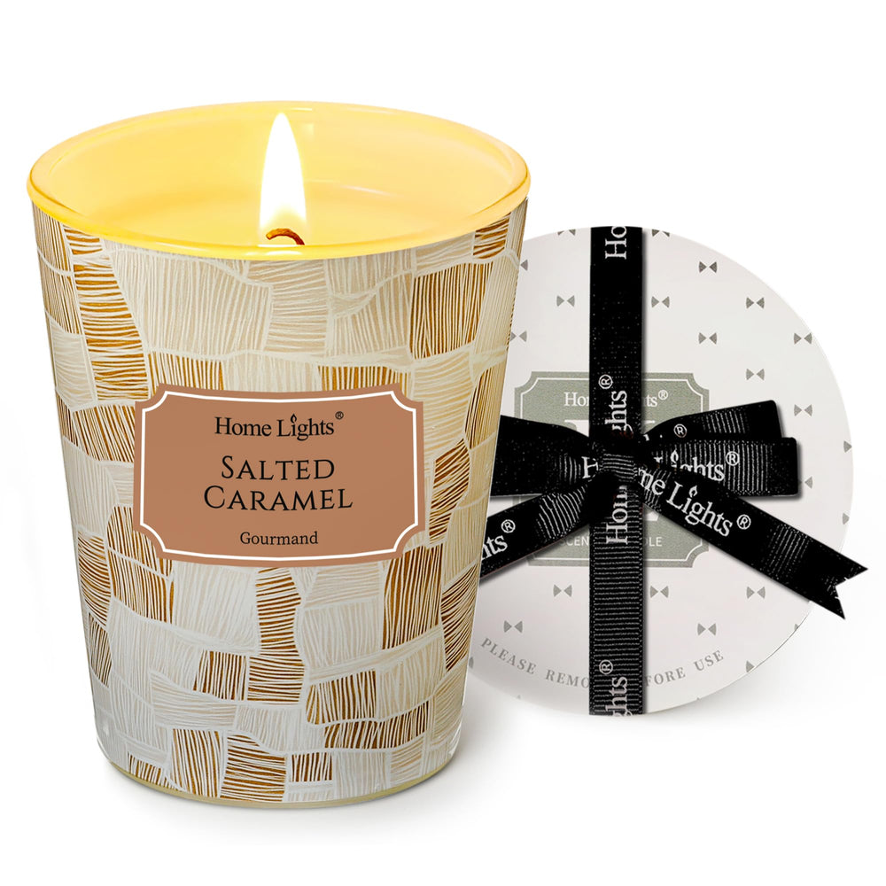 Homelights salted caramel candle in jar creates warm, inviting ambiance for any room.