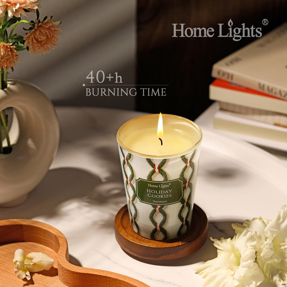 Home Lights candle next to a measuring object showing 6.7oz scale benefit: accurate sizing