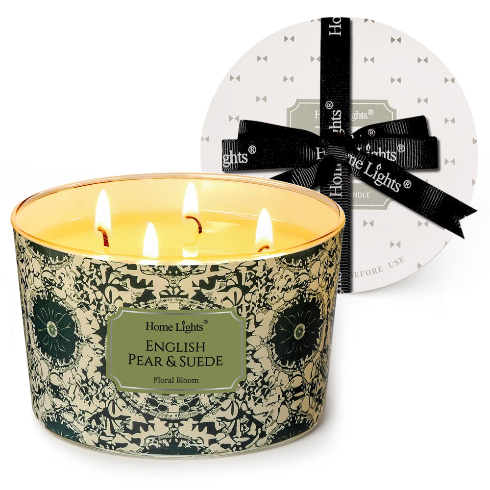 Home Lights soy wax candle with 4 wicks in a stylish jar for a cozy living room ambiance.