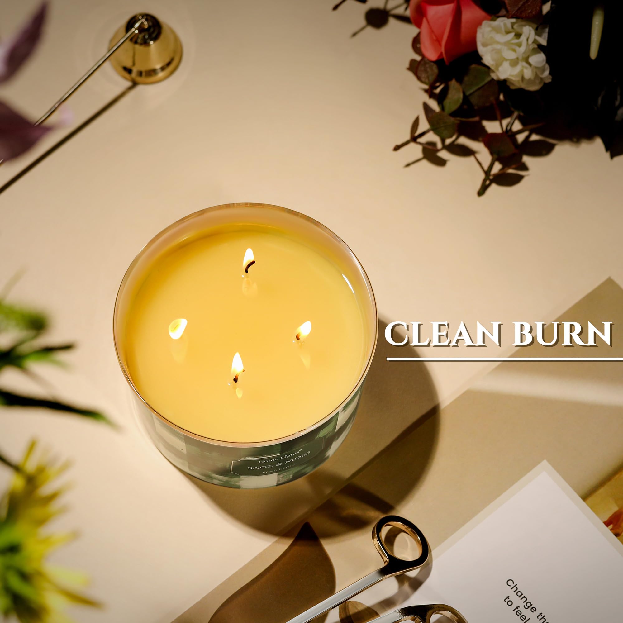 Home Lights soy wax candle provides clean burn with reduced soot and purer aroma.