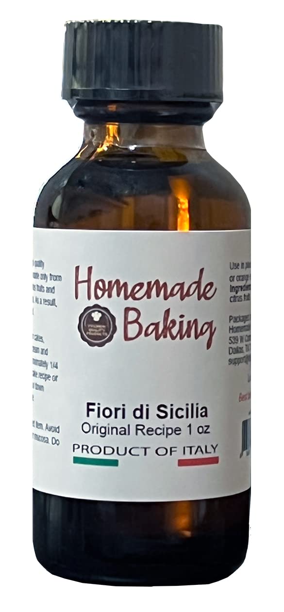 Homemade Baking Fiori di Sicilia bottle close-up, vivid citrus aroma enhances baked goods.