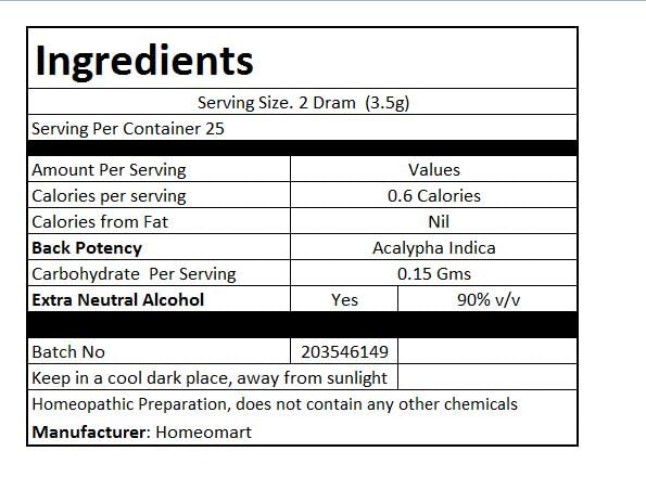 Label and bottle of Homeomart Acalypha Indica pellets highlighting 30C potency.