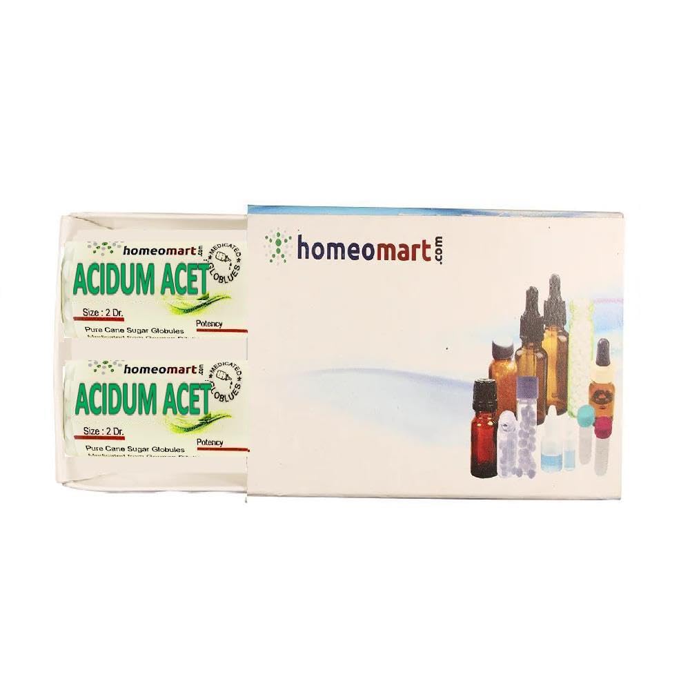 HomeoMart Acidum Aceticum 200C pellets in two-vial pack for convenient home use.
