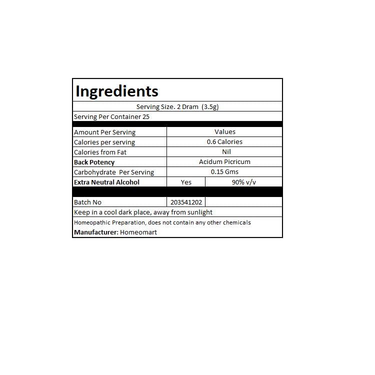 HomeoMart Acidum Picricum globules with a sucrose carrier for easy dosing.