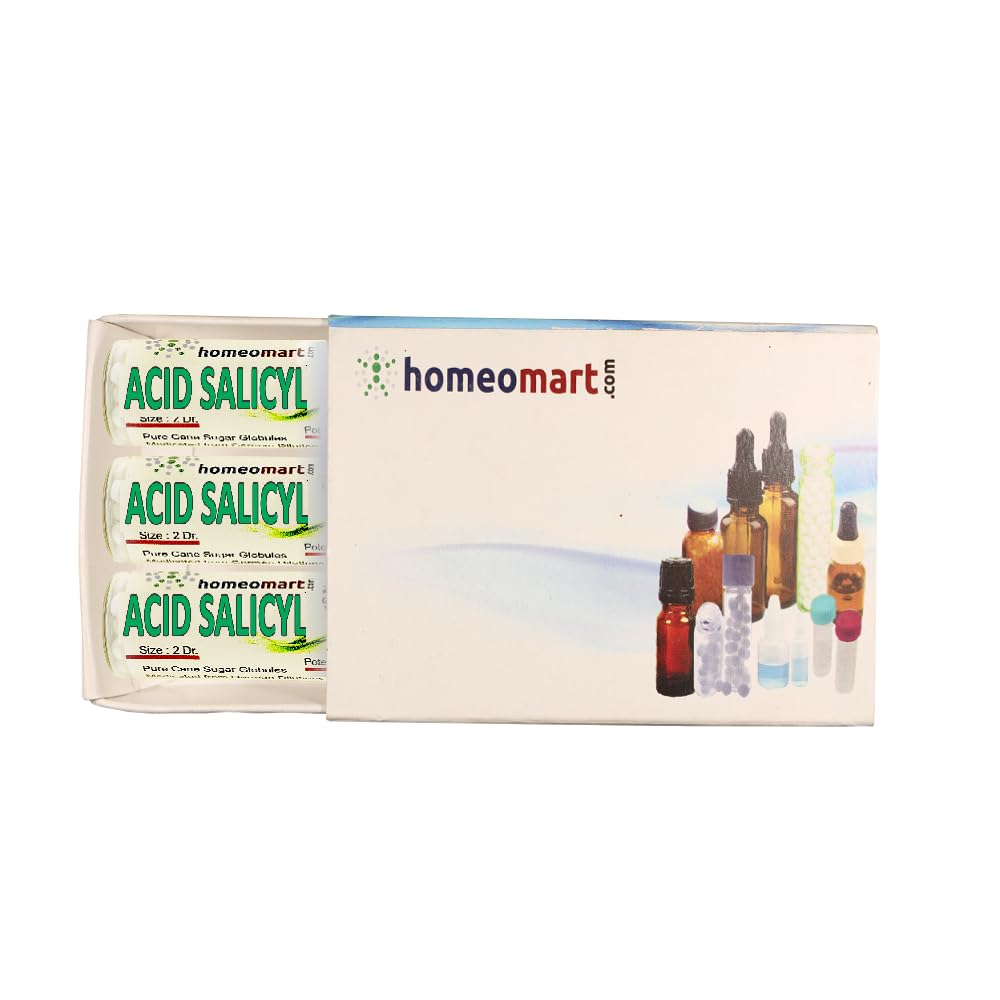 HomeoMart Acidum Salicylicum pellets in a glass vial, portable dosing on the go.