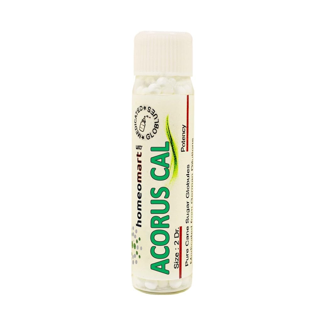 HomeoMart Acorus Calamus pellets in glass vials for on-the-go use