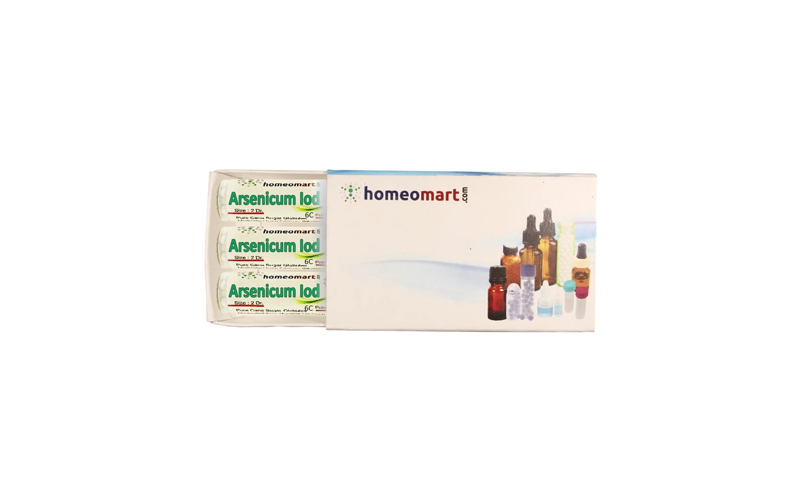 Homeomart Arsenicum Iodatum pellets in 6C in 2-dram vials for travel.