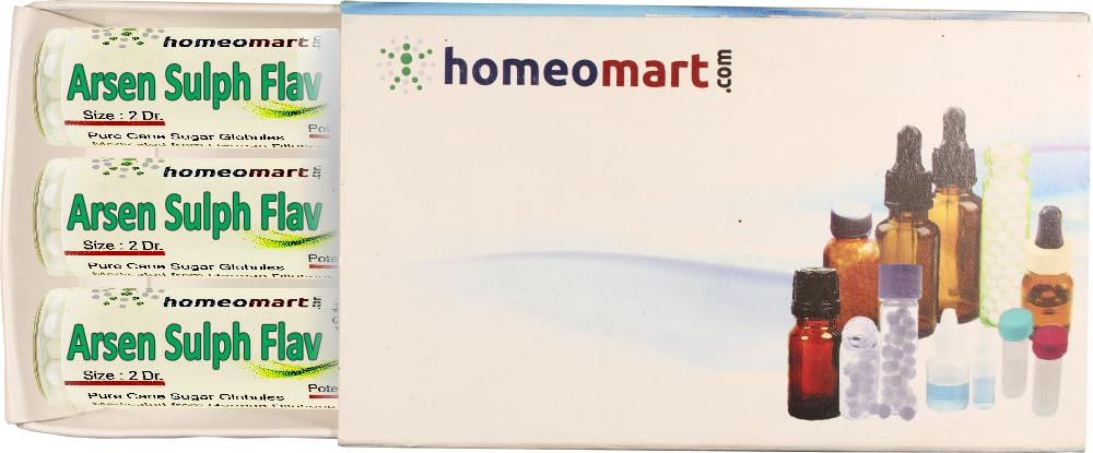 HomeoMart arsenicum-sulphur-flavum pellets in glass vials for portability.