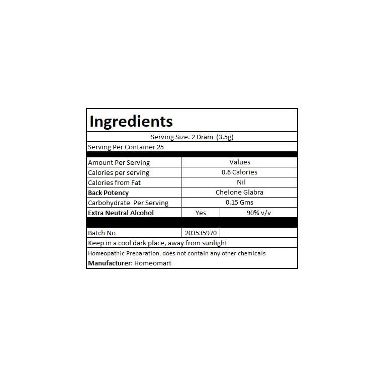 HomeoMart Chelone Glabra pellets; traditional hand succussion for consistently dispersed globules.