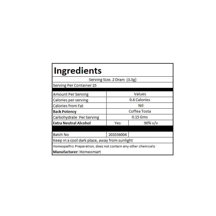 Label close-up on Homeomart Coffea Tosta pack with dosage