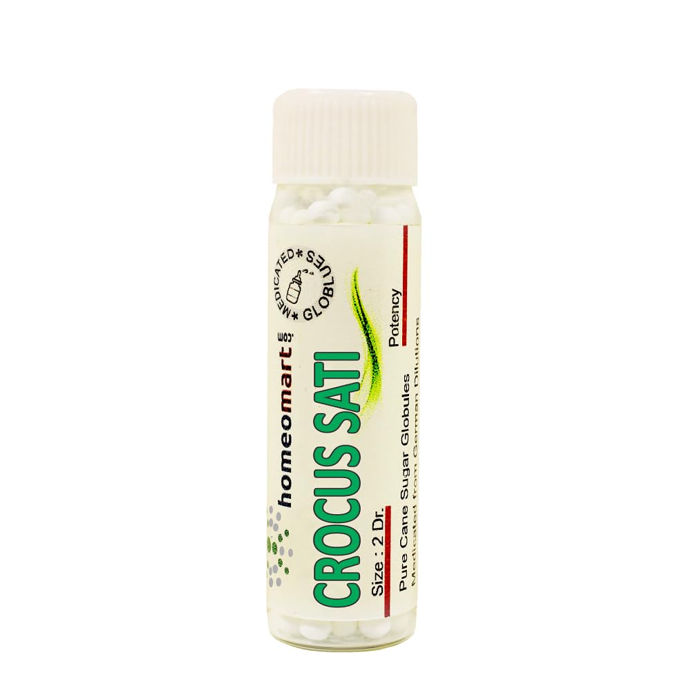 Crocus Sativus homeopathy pellets, 2-dram glass vials, portable for on-the-go use.