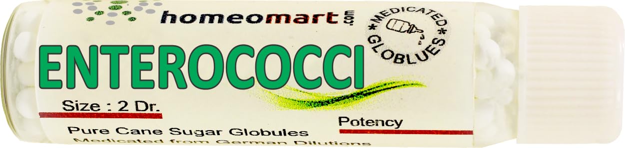 Homeomart Enterococcinum pellets 30C glass vial close-up emphasizes sterile packaging and premium quality
